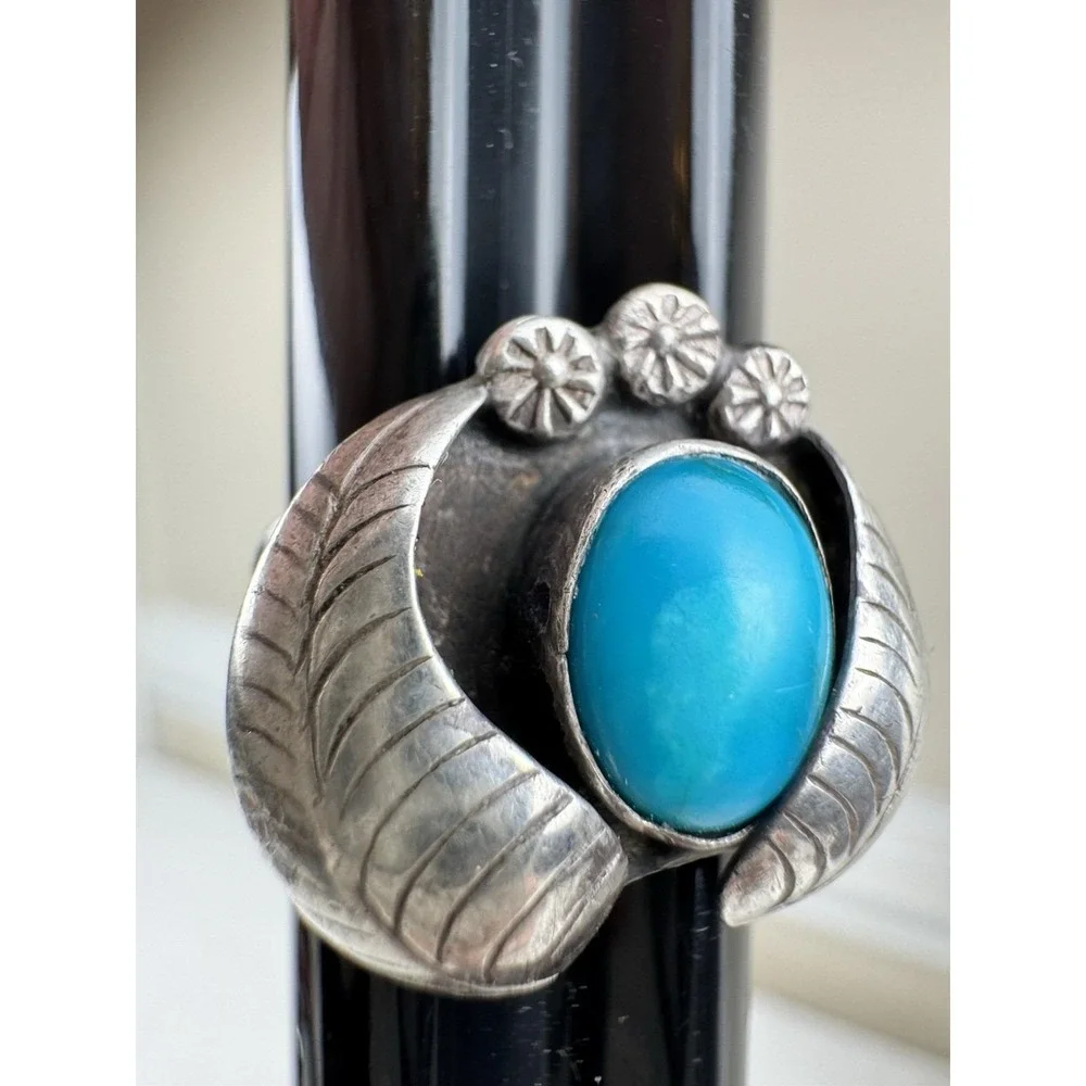 VTG Navajo Sterling Silver Turquoise Leaf Feather Ring Sz6 Old Pawn Southwestern